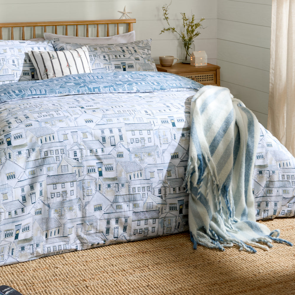 Global Blue Bedding - Abersoch Town Reversible 100% Cotton Duvet Cover Set Sea Blue Wylder