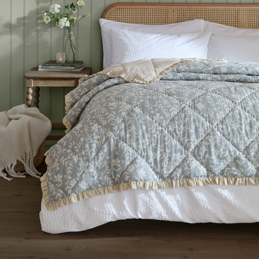 Floral Blue Bedding - Amelia 100% Cotton Quilted Bedspread Seafoam Wylder