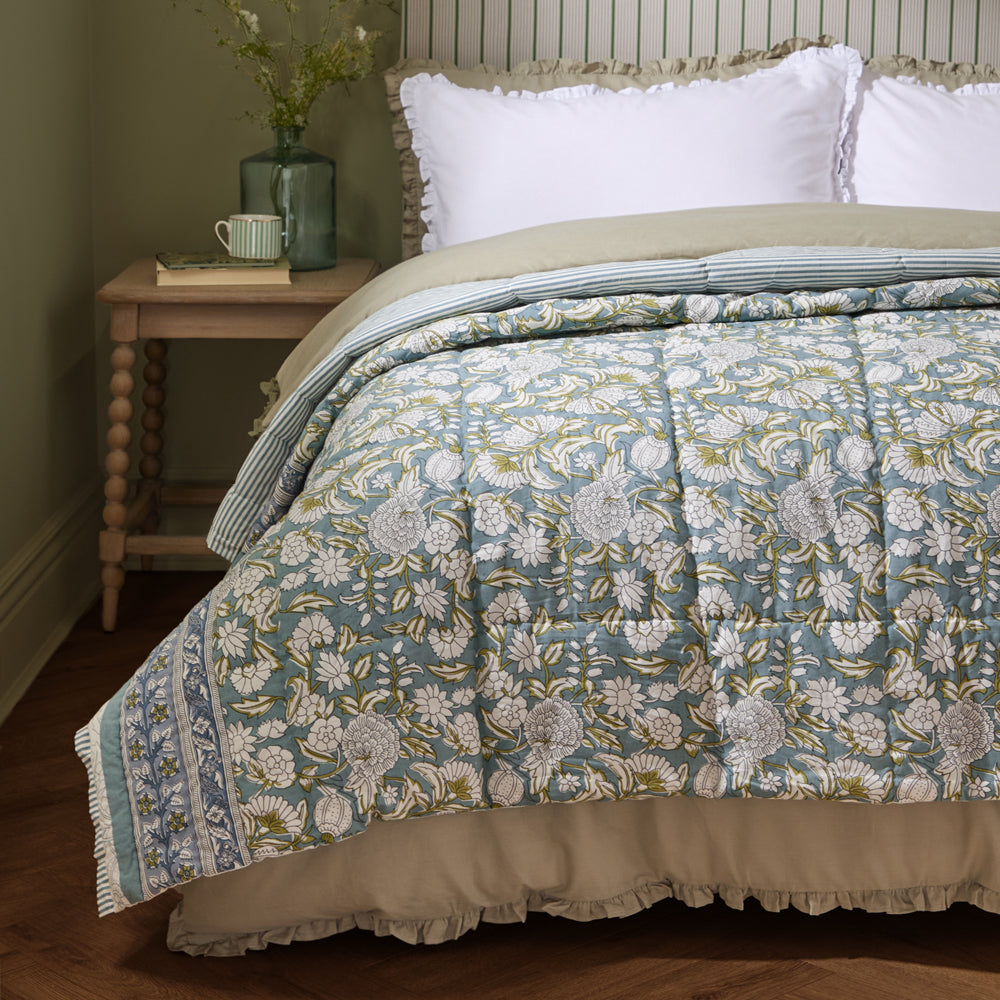 Floral Blue Bedding - Annabelle 100% Cotton Bedspread Blue Wylder