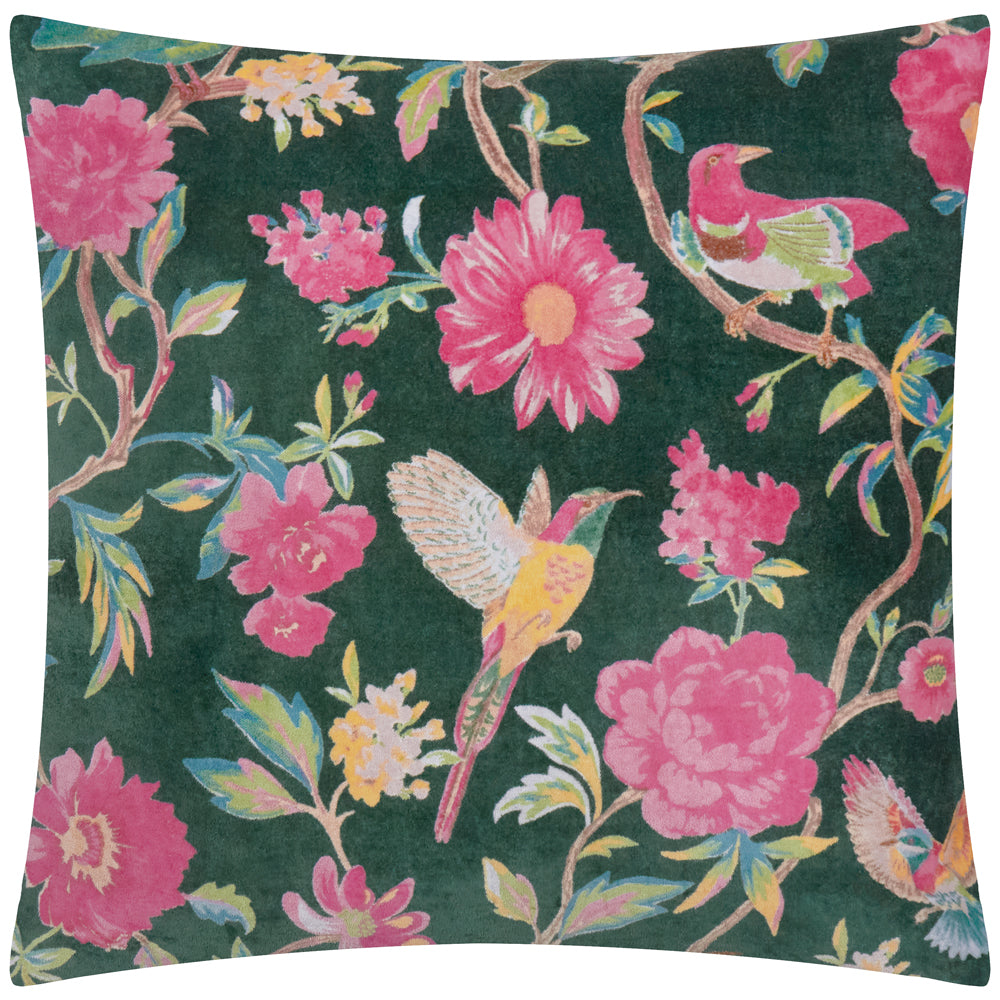 Floral Green Cushions - Aviary 100% Cotton Velvet Feather Filled Cushion Teal Green Wylder