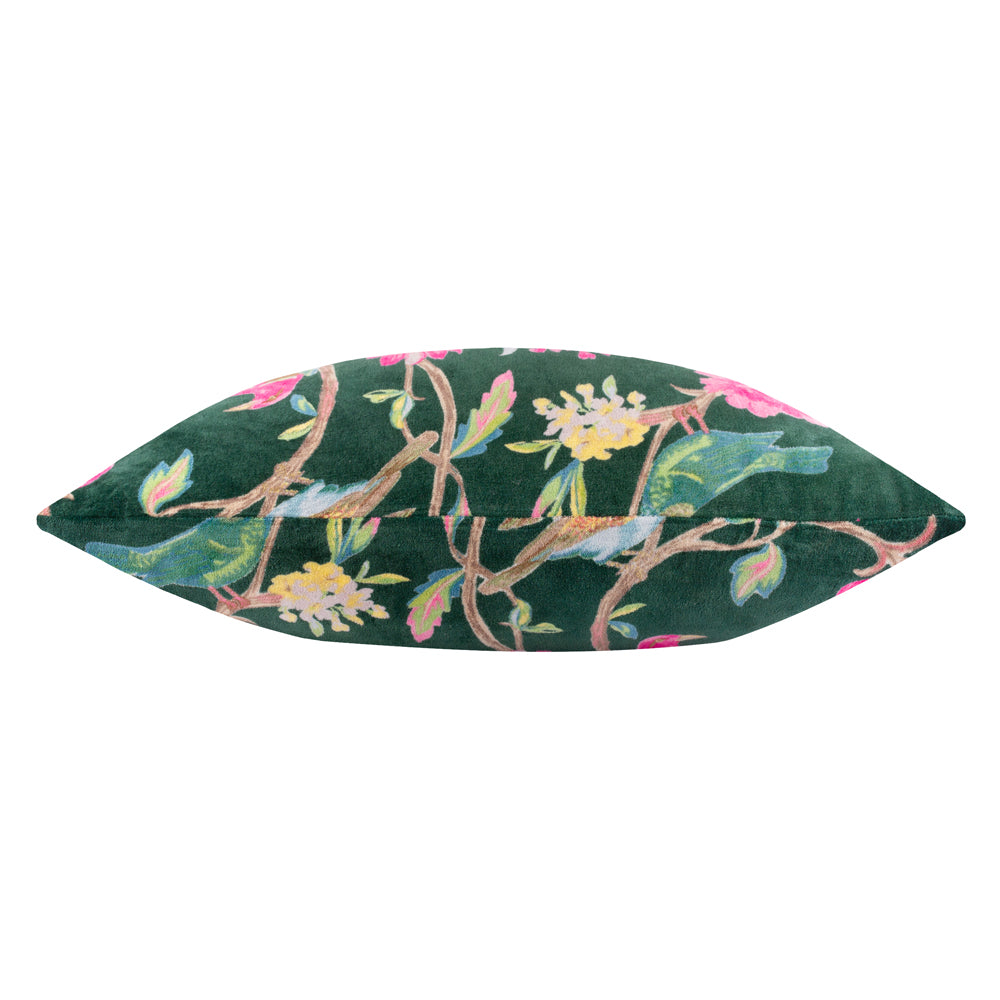 Floral Green Cushions - Aviary 100% Cotton Velvet Feather Filled Cushion Woodgrove Green Wylder