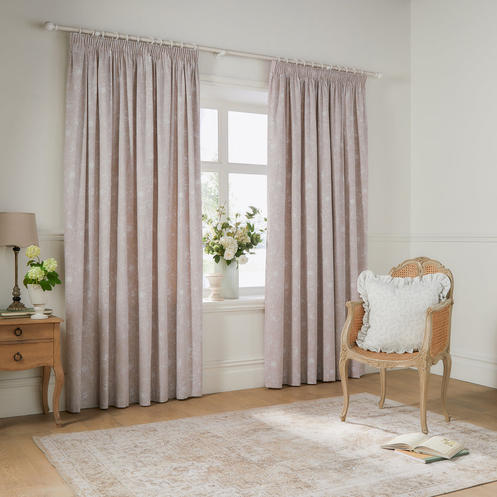Floral Pink Curtains - Bella Floral 100% Cotton Lined Pencil Pleat Curtains Natural Wylder