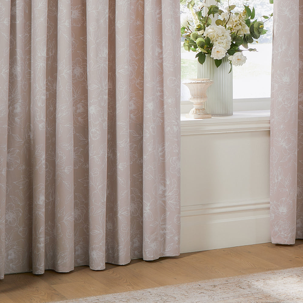 Floral Pink Curtains - Bella Floral 100% Cotton Lined Pencil Pleat Curtains Natural Wylder
