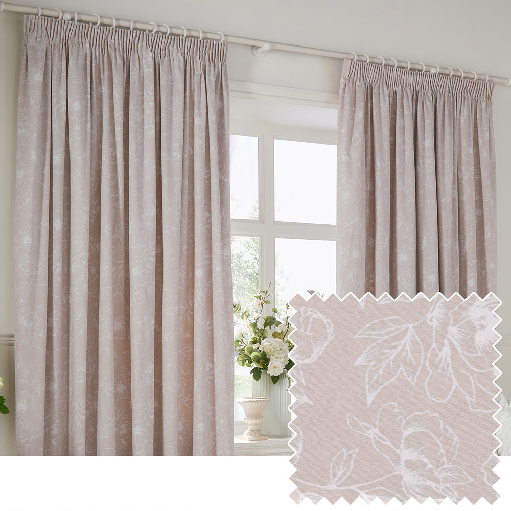 Floral Pink Curtains - Bella Floral 100% Cotton Lined Pencil Pleat Curtains Natural Wylder