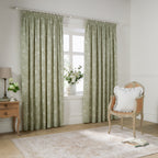 Floral Green Curtains - Bella Floral 100% Cotton Lined Pencil Pleat Curtains Sage Wylder
