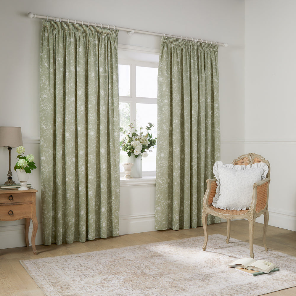 Floral Green Curtains - Bella Floral 100% Cotton Lined Pencil Pleat Curtains Sage Wylder