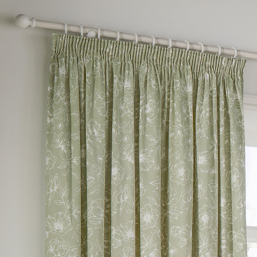 Floral Green Curtains - Bella Floral 100% Cotton Lined Pencil Pleat Curtains Sage Wylder