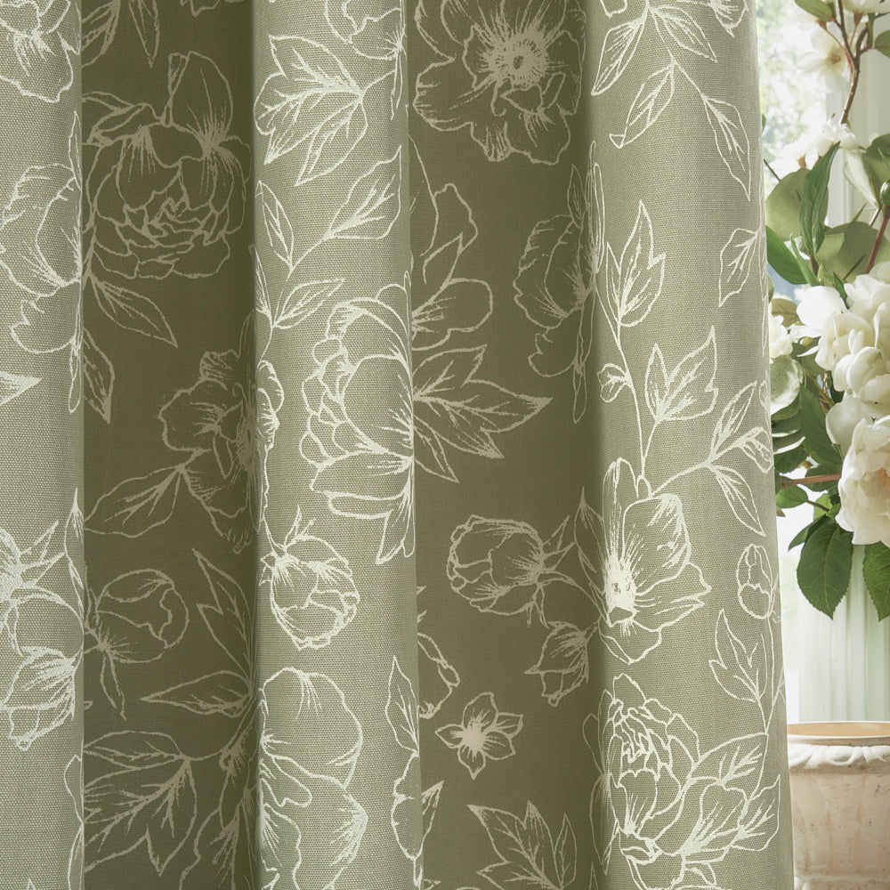 Floral Green Curtains - Bella Floral 100% Cotton Lined Pencil Pleat Curtains Sage Wylder