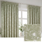 Floral Green Curtains - Bella Floral 100% Cotton Lined Pencil Pleat Curtains Sage Wylder