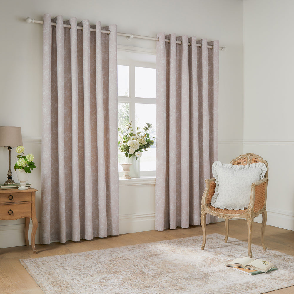 Floral Pink Curtains - Bella Floral 100% Cotton Lined Eyelet Curtains Natural Wylder