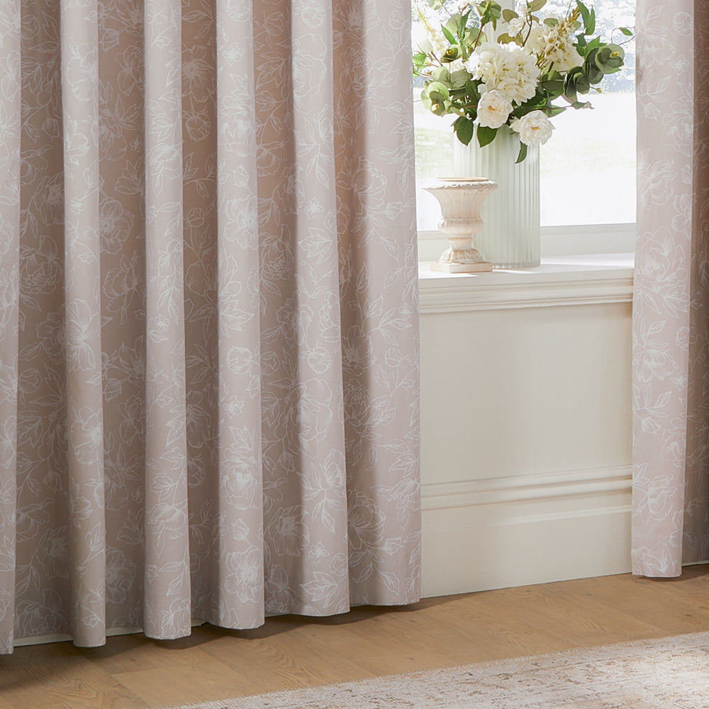 Floral Pink Curtains - Bella Floral 100% Cotton Lined Eyelet Curtains Natural Wylder