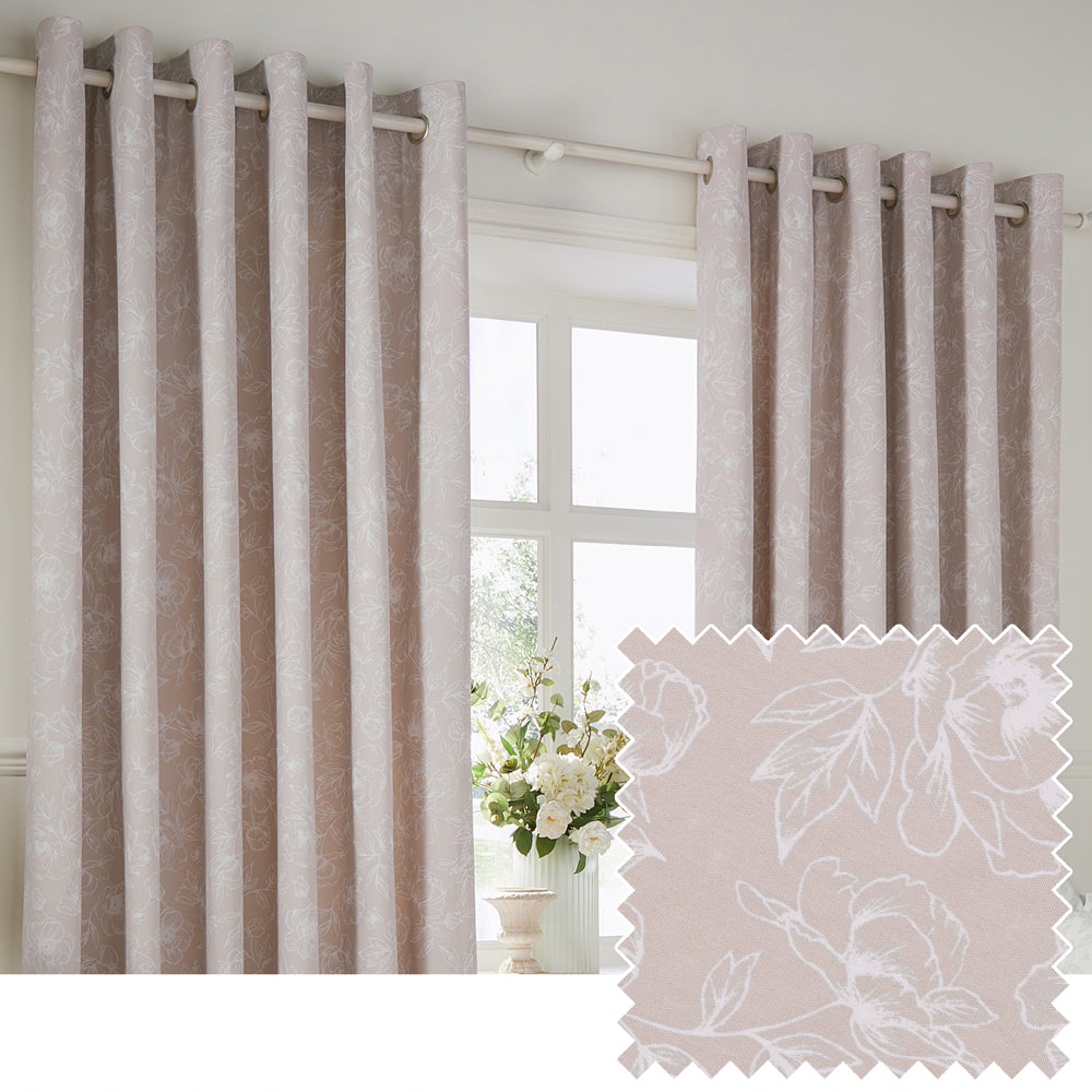 Floral Pink Curtains - Bella Floral 100% Cotton Lined Eyelet Curtains Natural Wylder