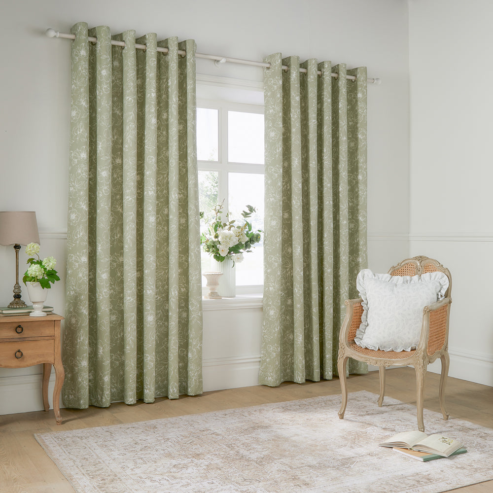 Floral Green Curtains - Bella Floral 100% Cotton Lined Eyelet Curtains Sage Wylder