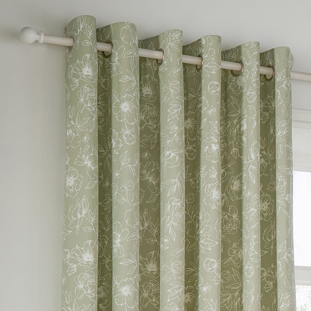 Floral Green Curtains - Bella Floral 100% Cotton Lined Eyelet Curtains Sage Wylder