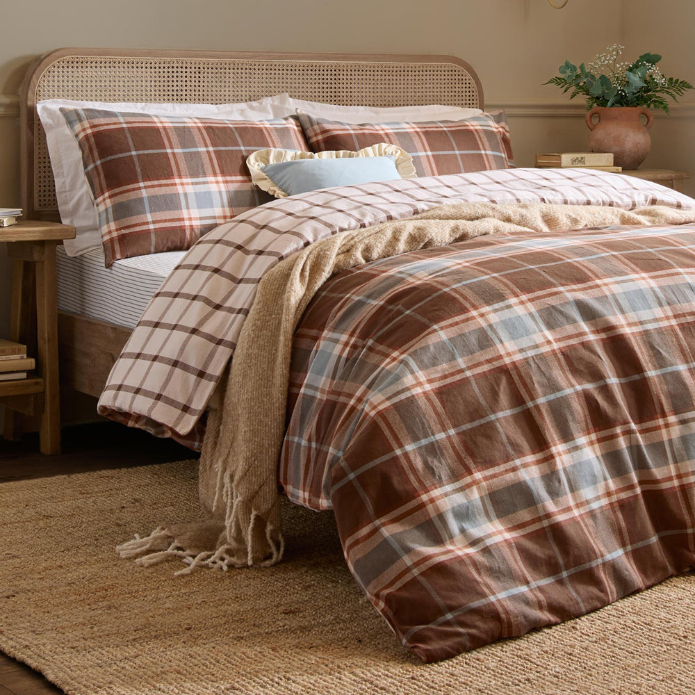 Check Brown Bedding - Braemar Check Soft Brushed Cotton Duvet Cover Set Chocolate/Blue Wylder Nature