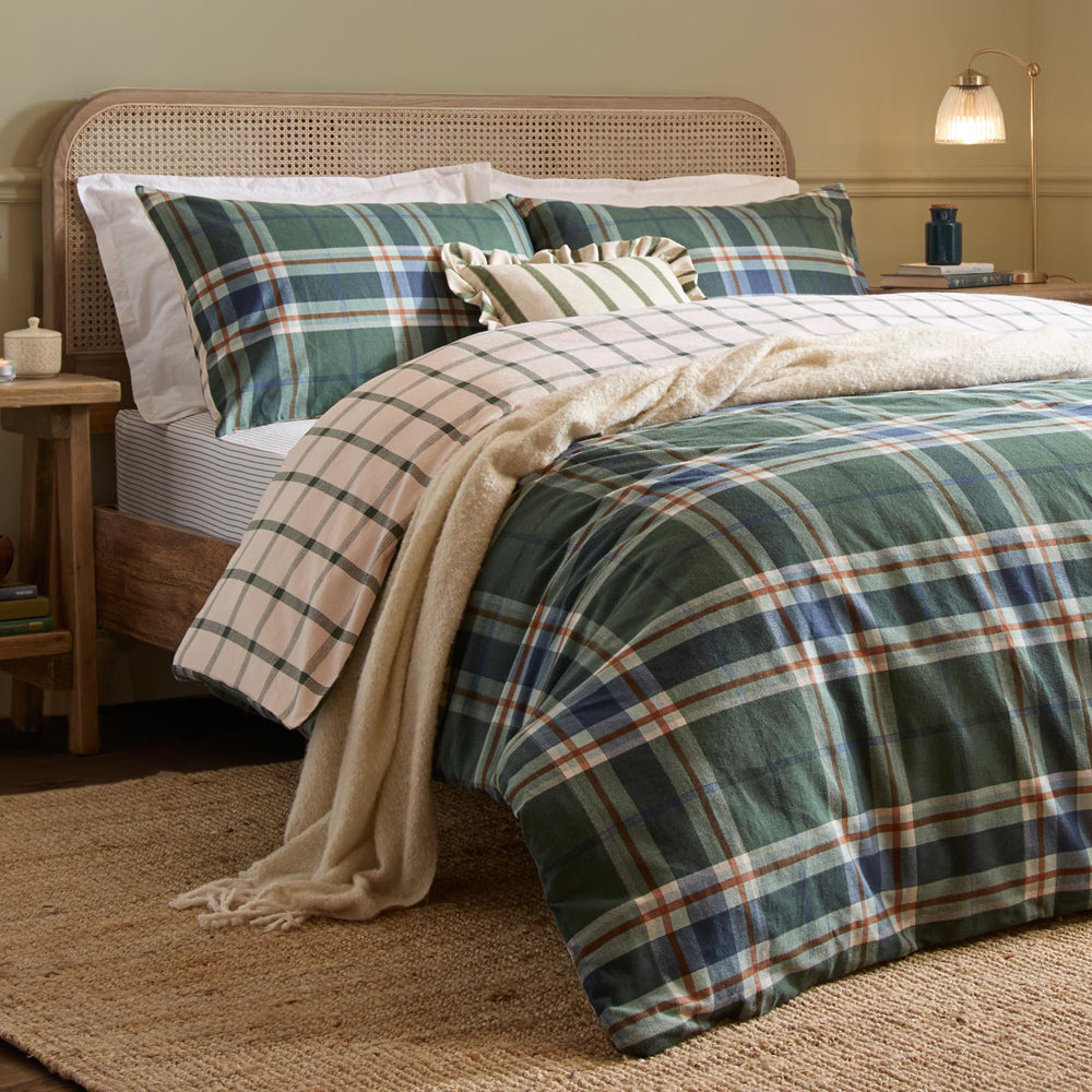 Check Green Bedding - Braemar Check Soft Brushed Cotton Duvet Cover Set Forest/Navy Wylder Nature