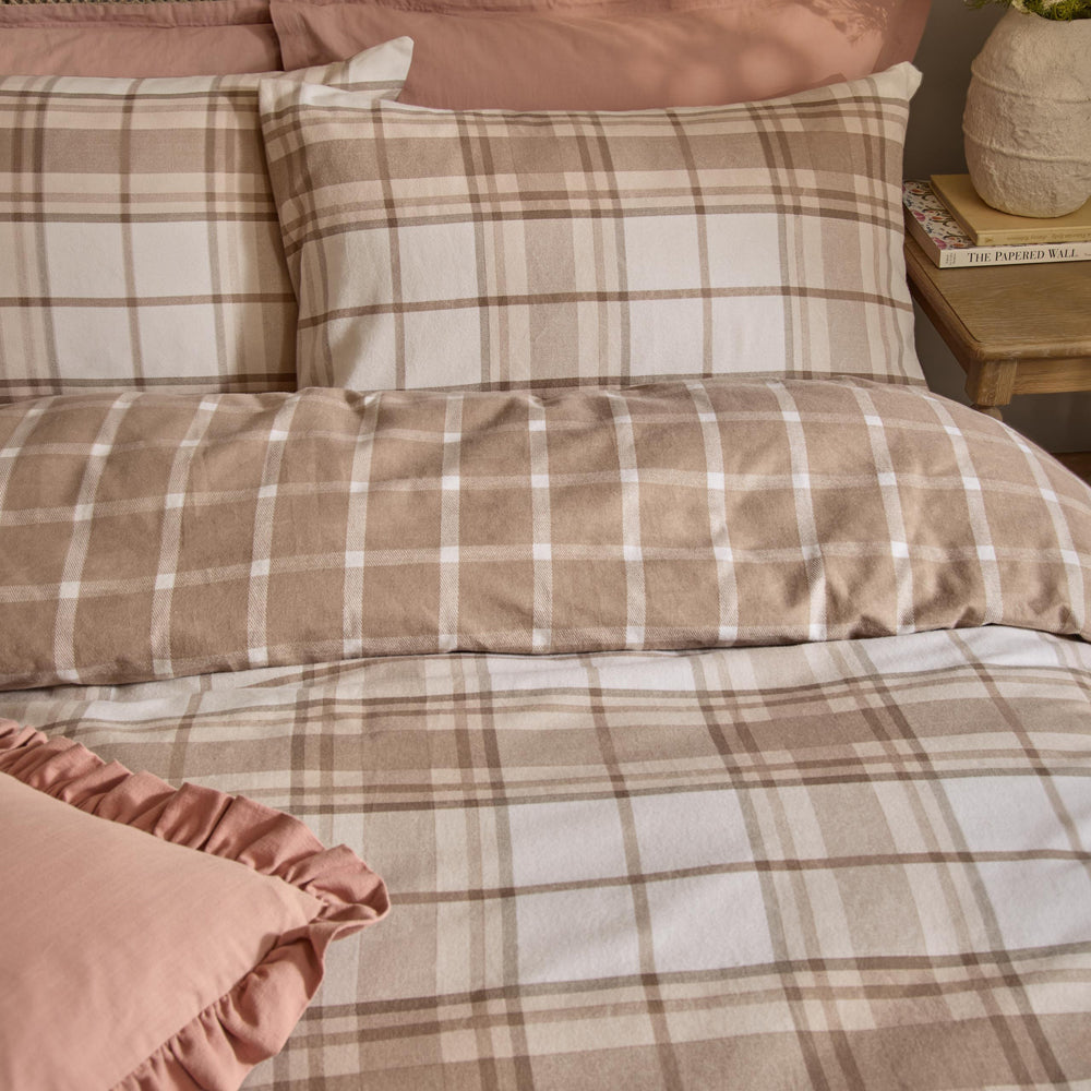 Check Beige Bedding - Braemar Check Soft Brushed Cotton Duvet Cover Set Natural Wylder Nature