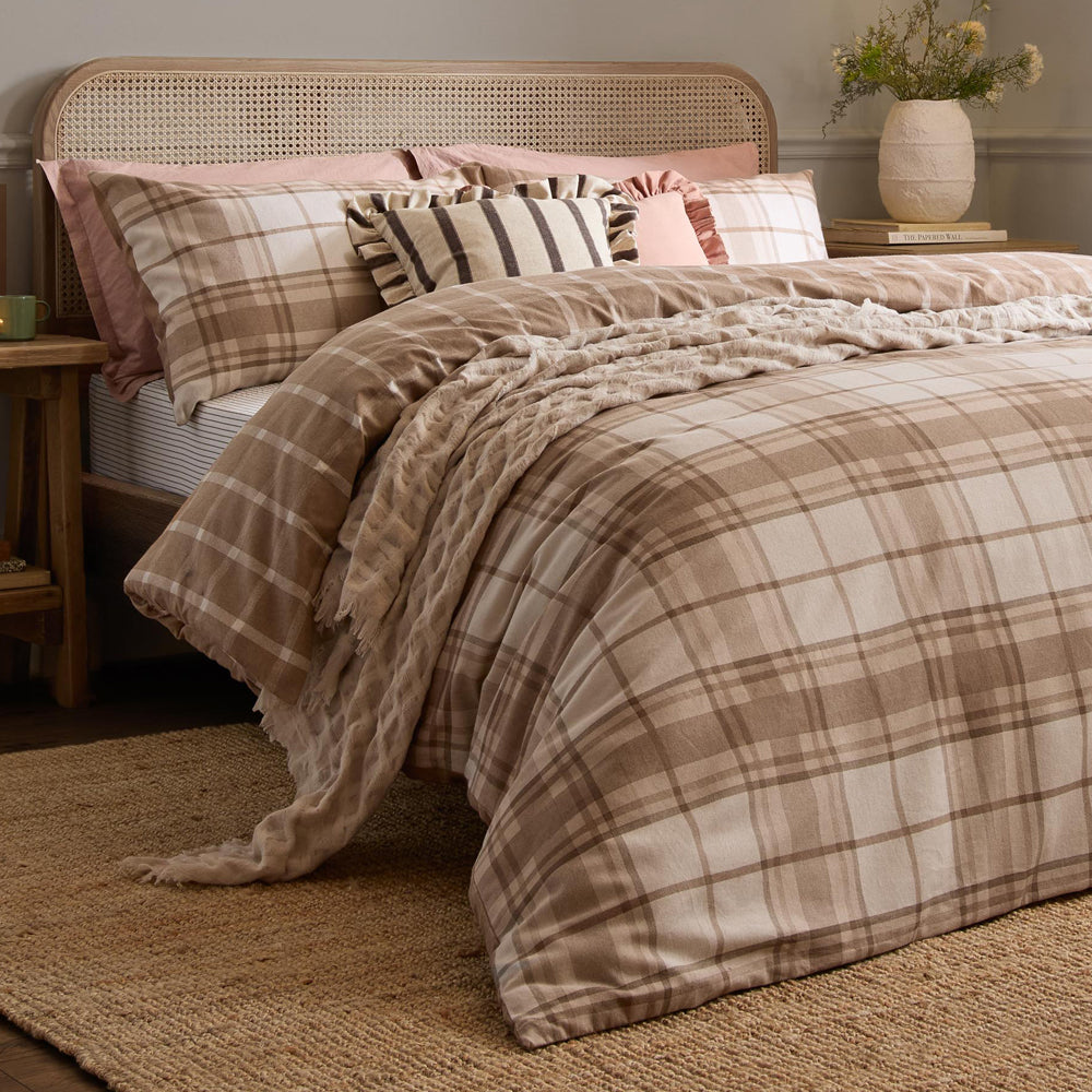 Check Beige Bedding - Braemar Check Soft Brushed Cotton Duvet Cover Set Natural Wylder Nature