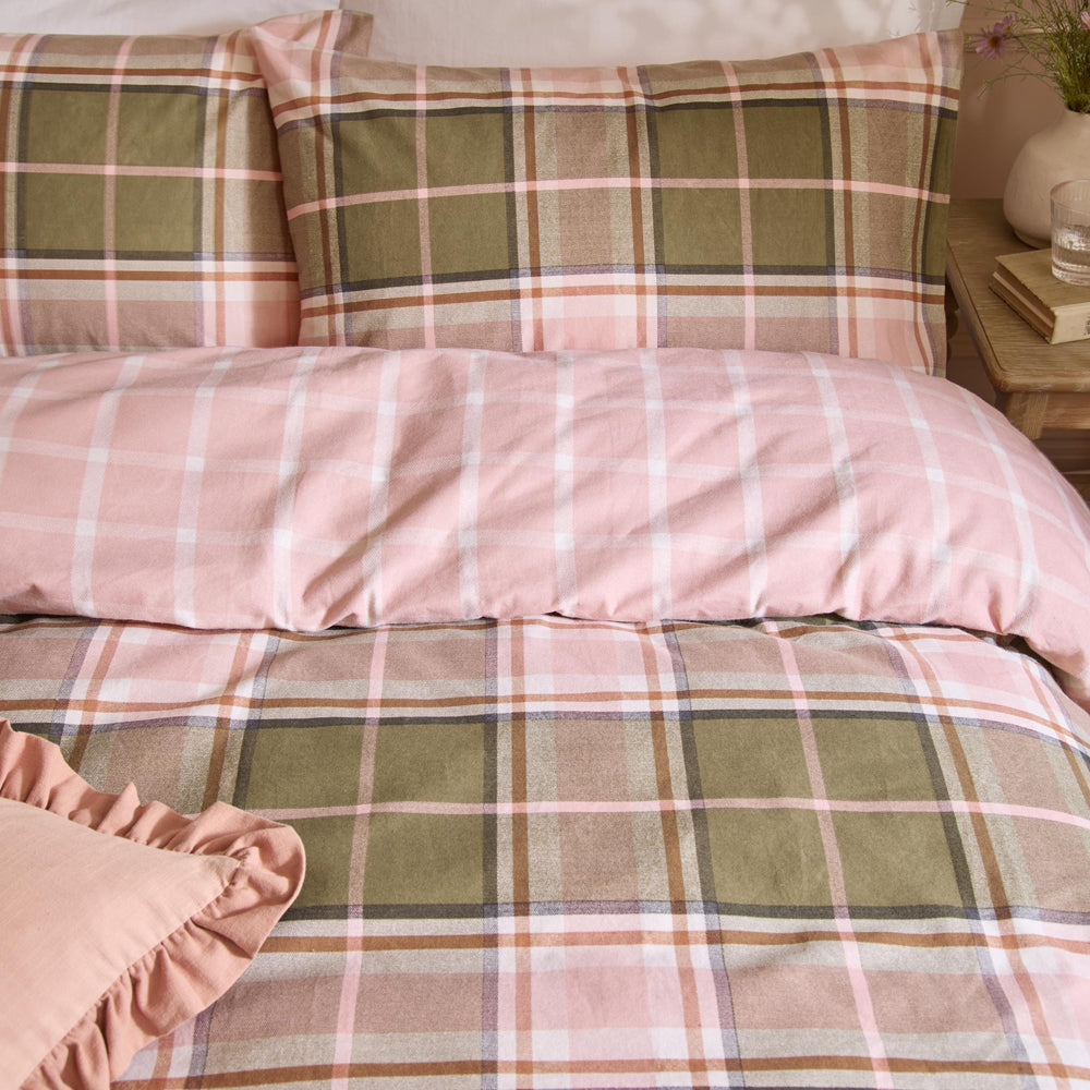 Check Pink Bedding - Braemar Check Soft Brushed Cotton Duvet Cover Set Pink & Green Wylder Nature