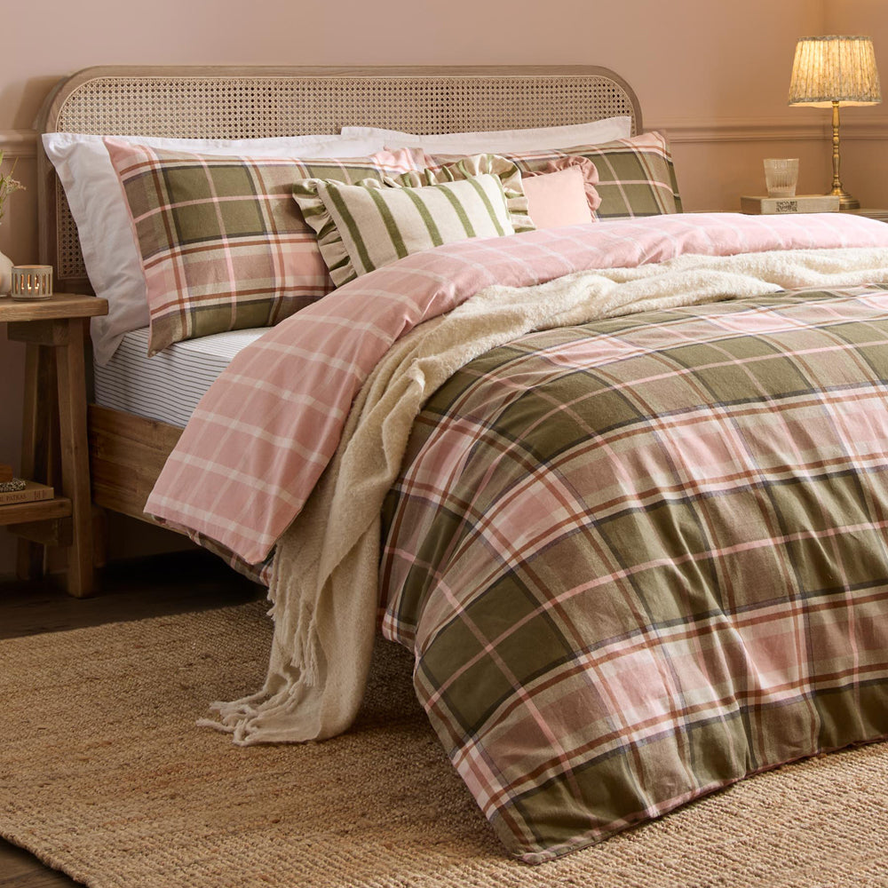Check Pink Bedding - Braemar Check Soft Brushed Cotton Duvet Cover Set Pink & Green Wylder Nature