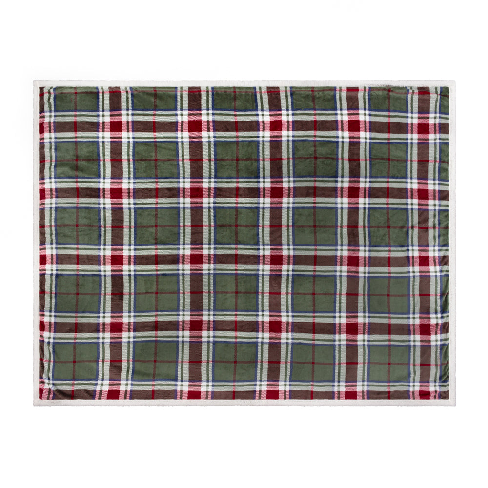 Check Green Throws  - Braemar Check Sherpa Fleece Throw Berry/Pine Wylder
