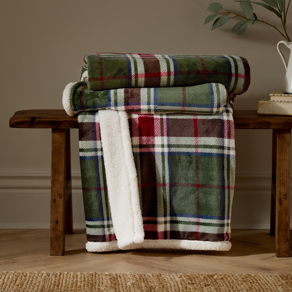 Check Green Throws  - Braemar Check Sherpa Fleece Throw Berry/Pine Wylder