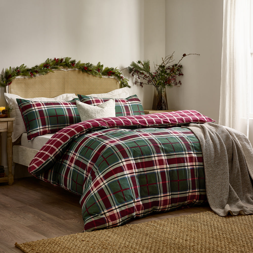 Check Red Bedding  - Braemar Check Soft Brushed Cotton Duvet Cover Set Berry/Pine Wylder