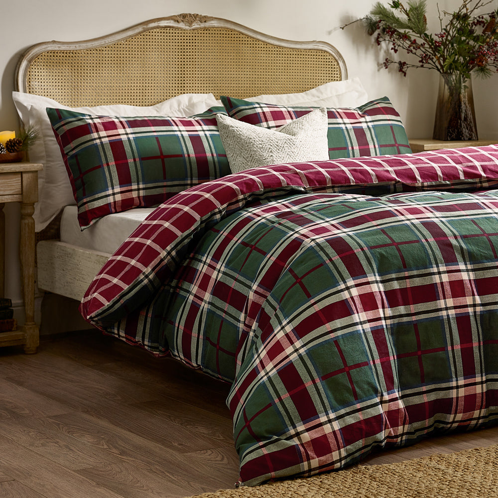 Check Red Bedding  - Braemar Check Soft Brushed Cotton Duvet Cover Set Berry/Pine Wylder