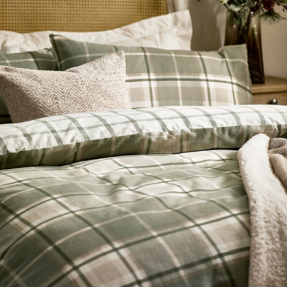 Check Green Bedding  - Braemar Check Soft Brushed Cotton Duvet Cover Set Green/Natural Wylder
