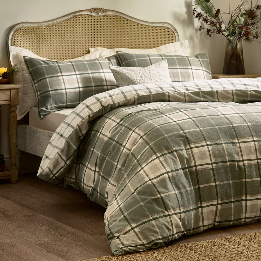 Check Green Bedding  - Braemar Check Soft Brushed Cotton Duvet Cover Set Green/Natural Wylder