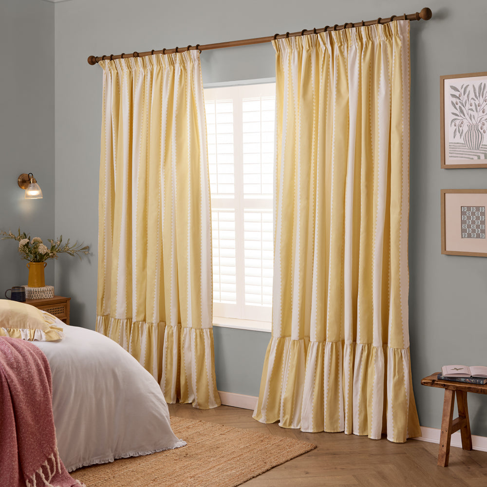 Striped Yellow Curtains - Birdie Stripe Fully Lined Ruffle Pencil Pleat Curtains Butter Yellow Wylder