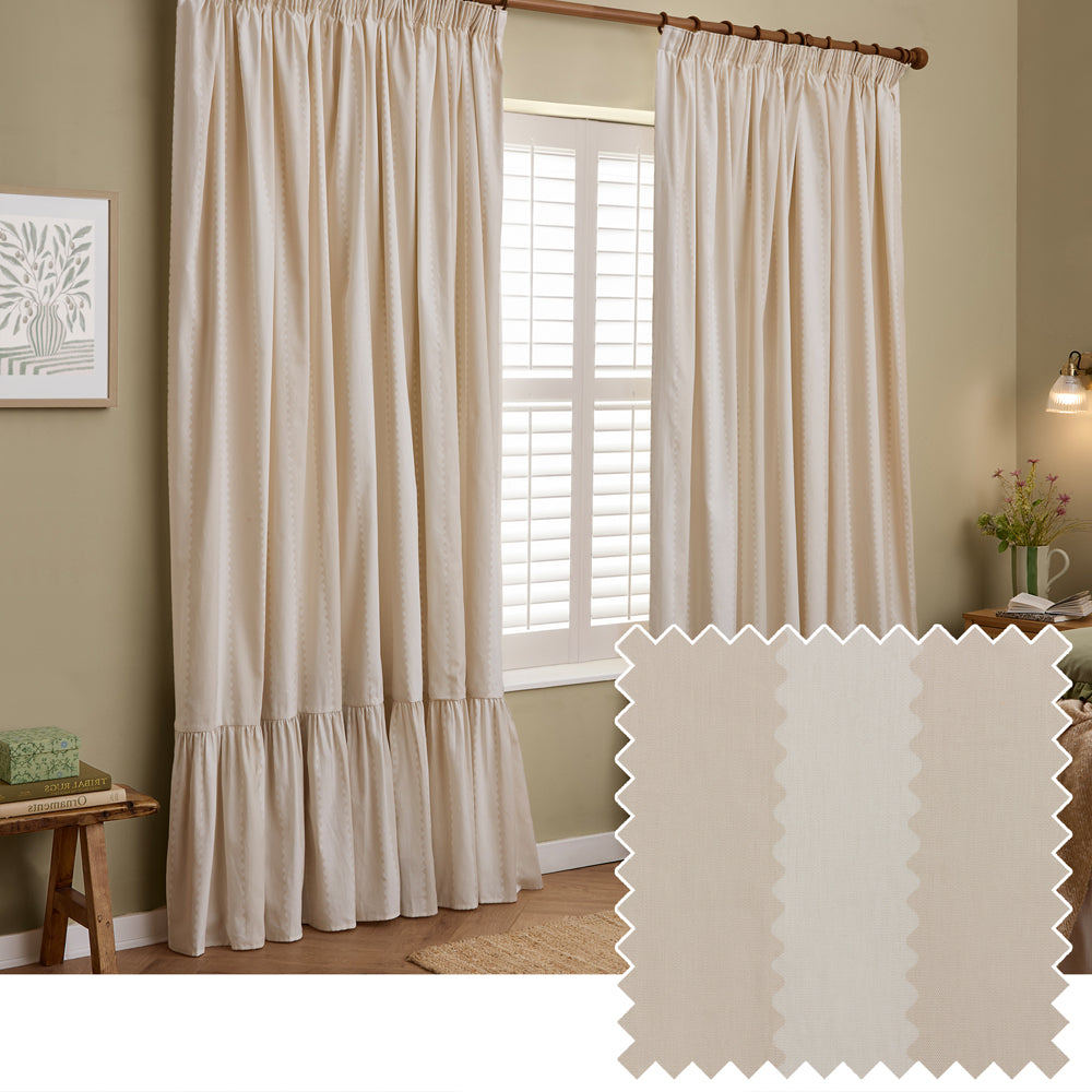 Striped Beige Curtains - Birdie Stripe Fully Lined Ruffle Pencil Pleat Curtains Oat/Milk Wylder