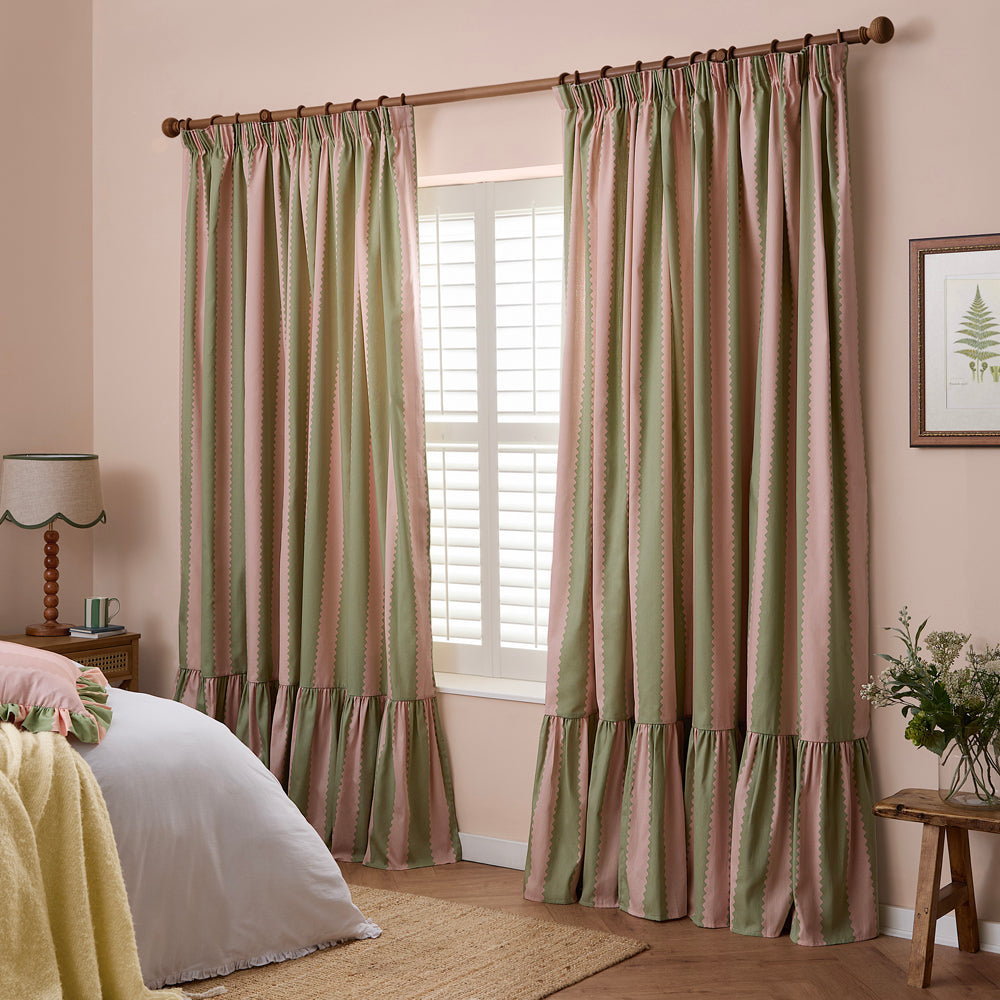 Striped Pink Curtains - Birdie Stripe Fully Lined Ruffle Pencil Pleat Curtains Pink/Green Wylder