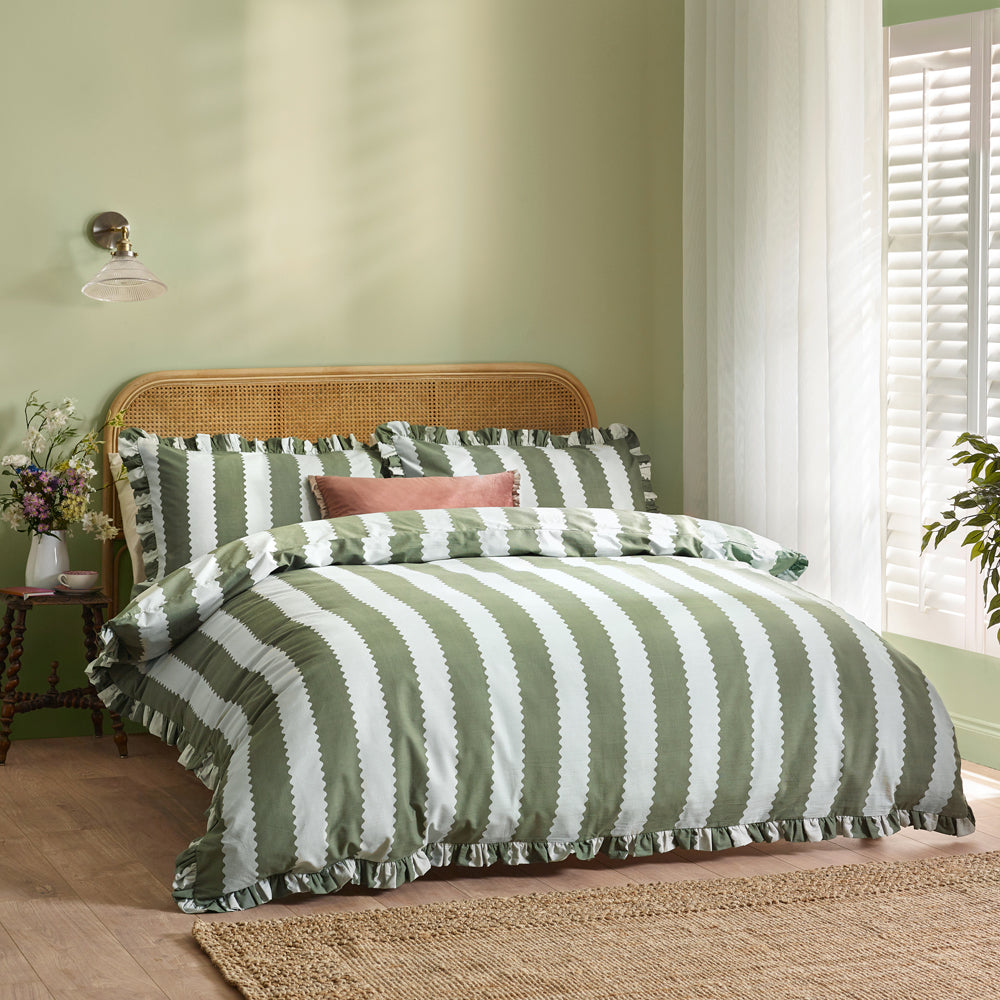 Striped Green Bedding  - Birdie Stripe Ruffle Duvet Cover Set Bay Green/Mist Wylder