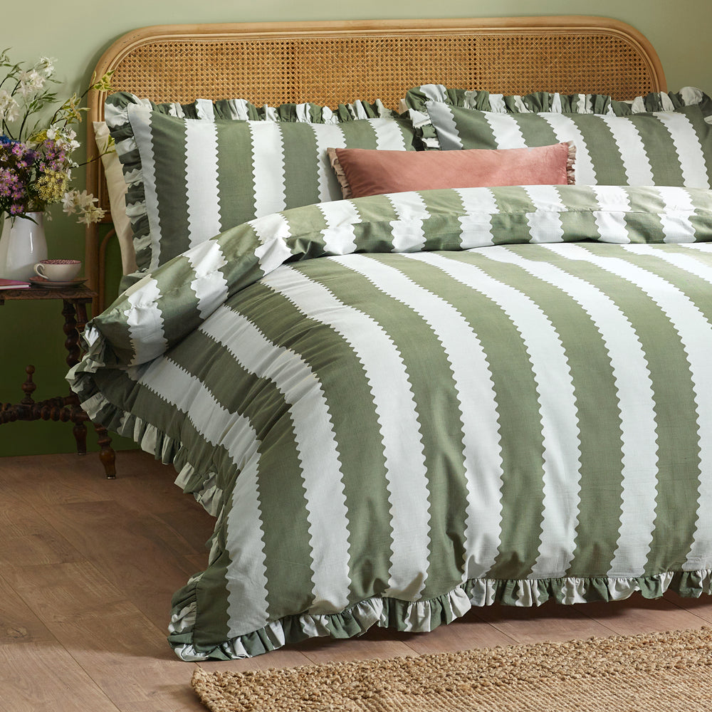 Striped Green Bedding  - Birdie Stripe Ruffle Duvet Cover Set Bay Green/Mist Wylder