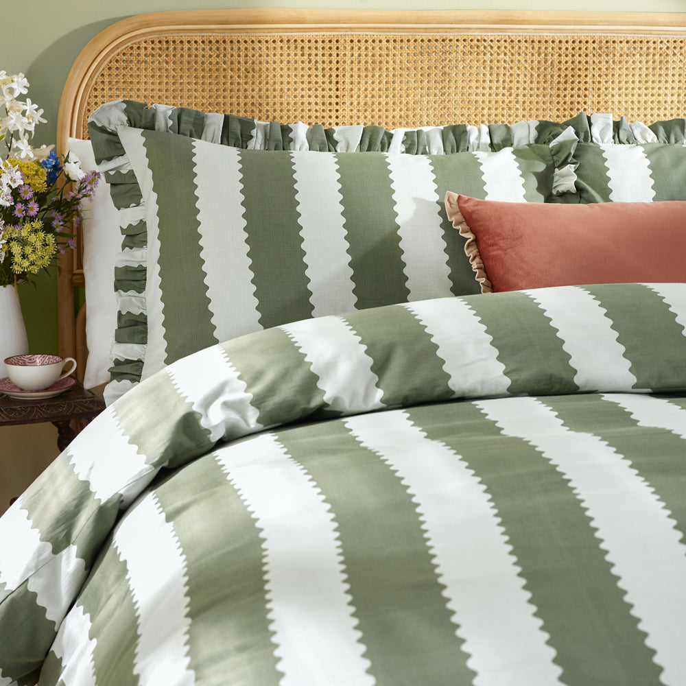 Striped Green Bedding  - Birdie Stripe Ruffle Duvet Cover Set Bay Green/Mist Wylder