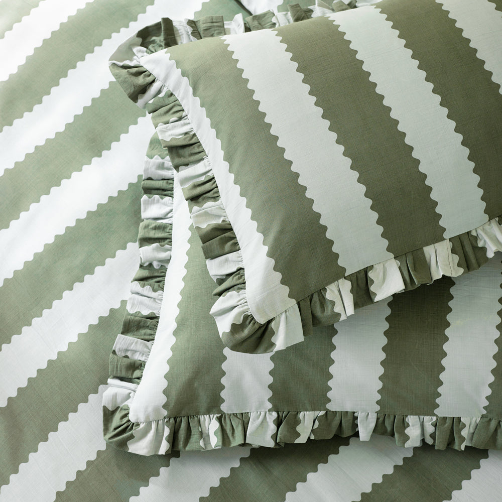 Striped Green Bedding  - Birdie Stripe Ruffle Duvet Cover Set Bay Green/Mist Wylder