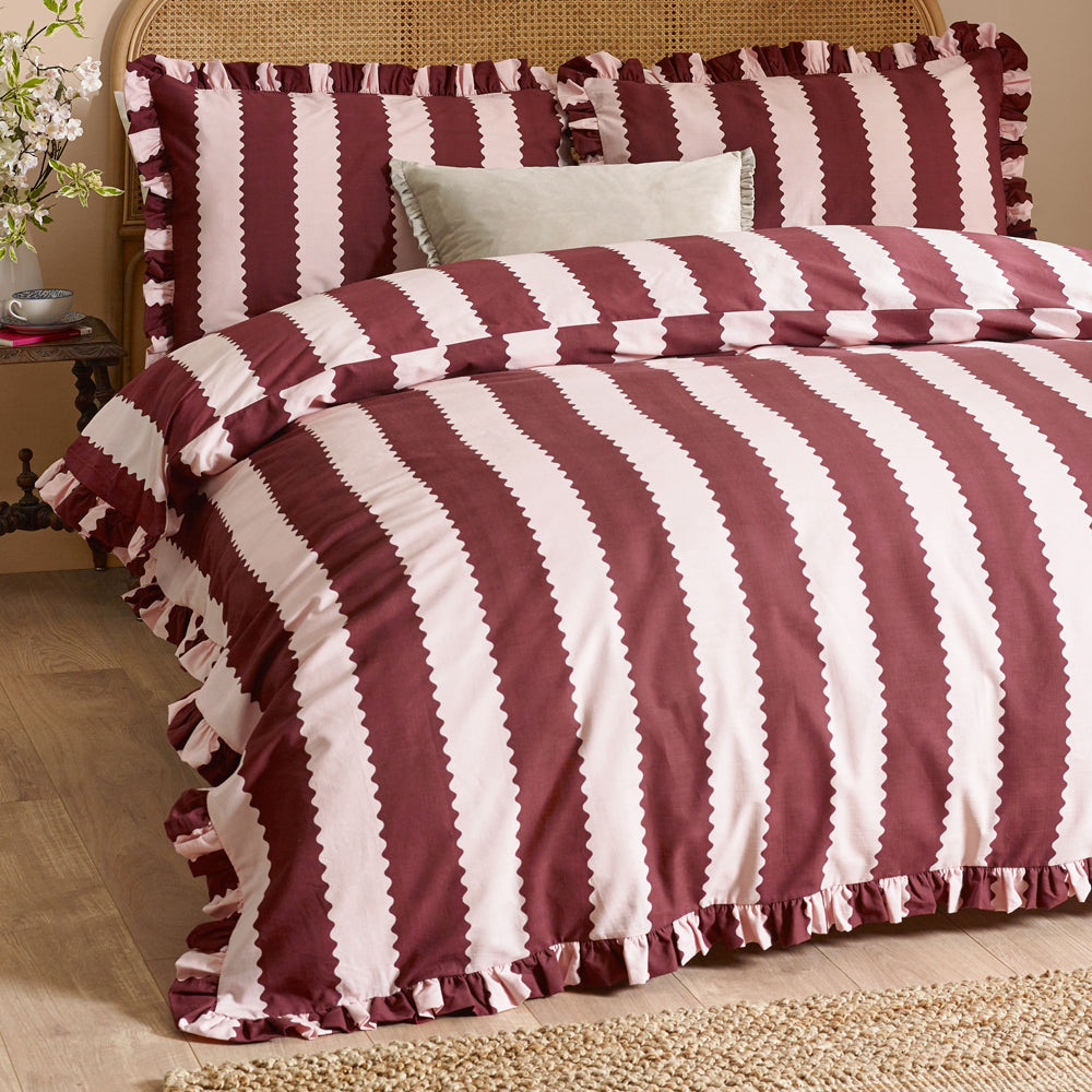 Striped Red Bedding  - Birdie Stripe Ruffle Duvet Cover Set Burgundy/Blossom Wylder