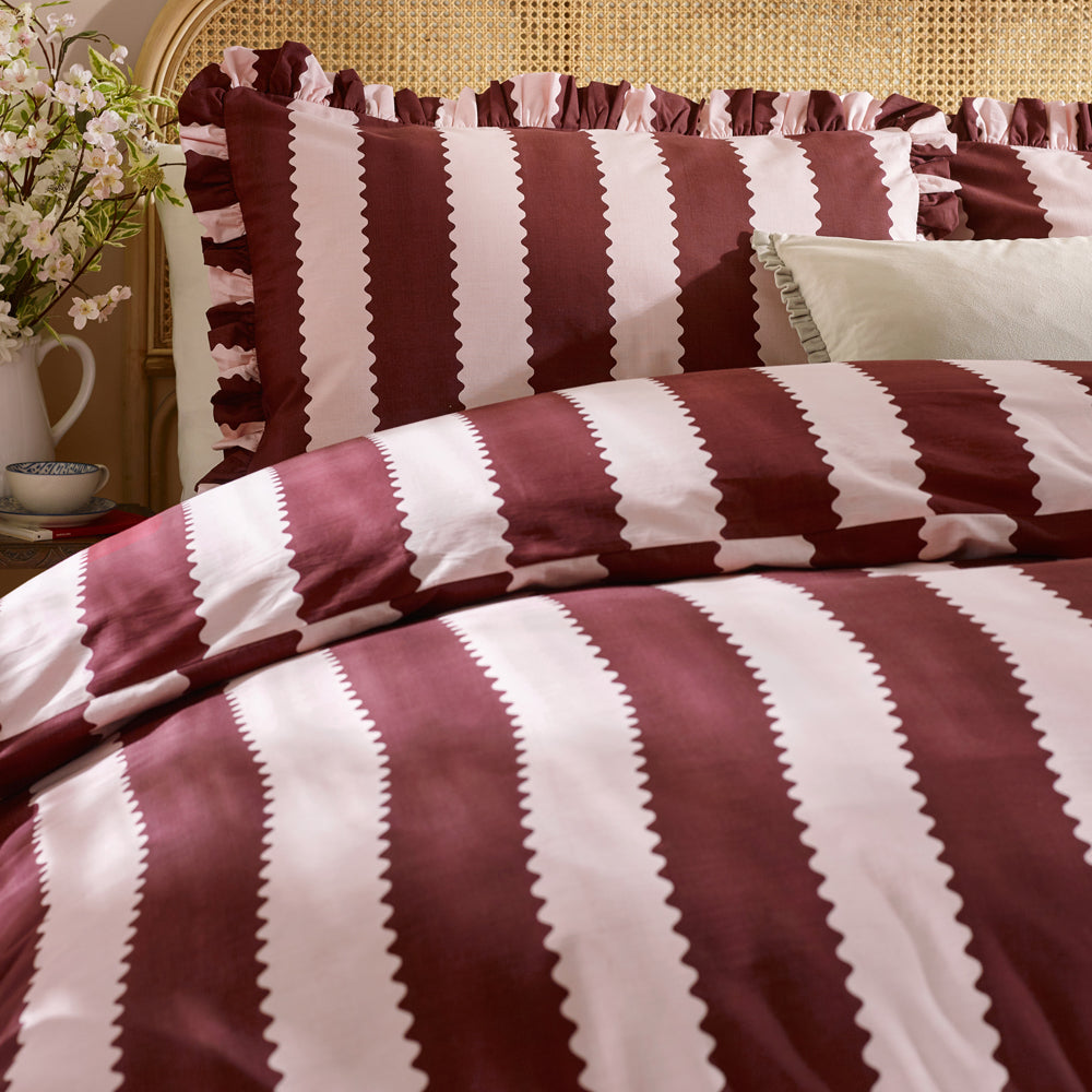 Striped Red Bedding  - Birdie Stripe Ruffle Duvet Cover Set Burgundy/Blossom Wylder