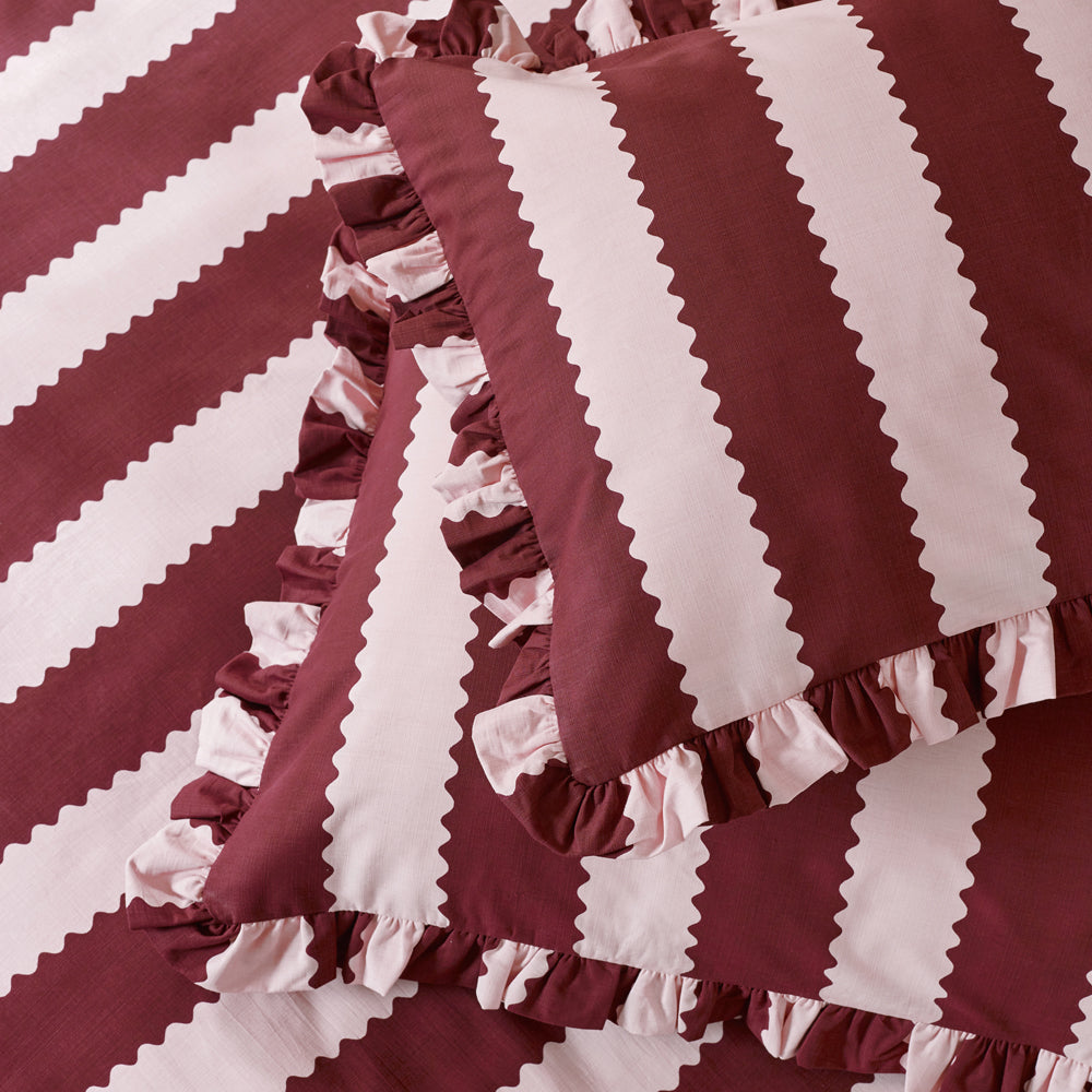 Striped Red Bedding  - Birdie Stripe Ruffle Duvet Cover Set Burgundy/Blossom Wylder