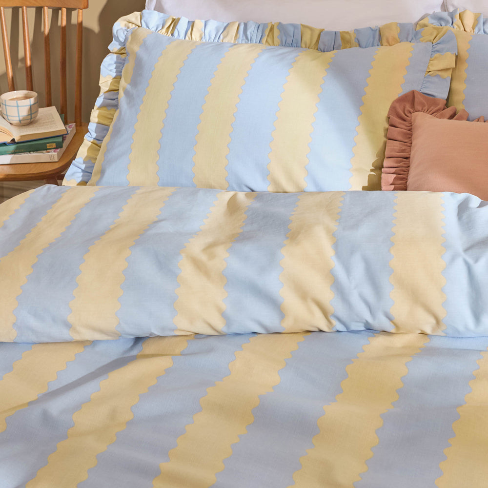 Striped Yellow Bedding - Birdie Stripe Ruffle Duvet Cover Set Lemon/Sky Wylder