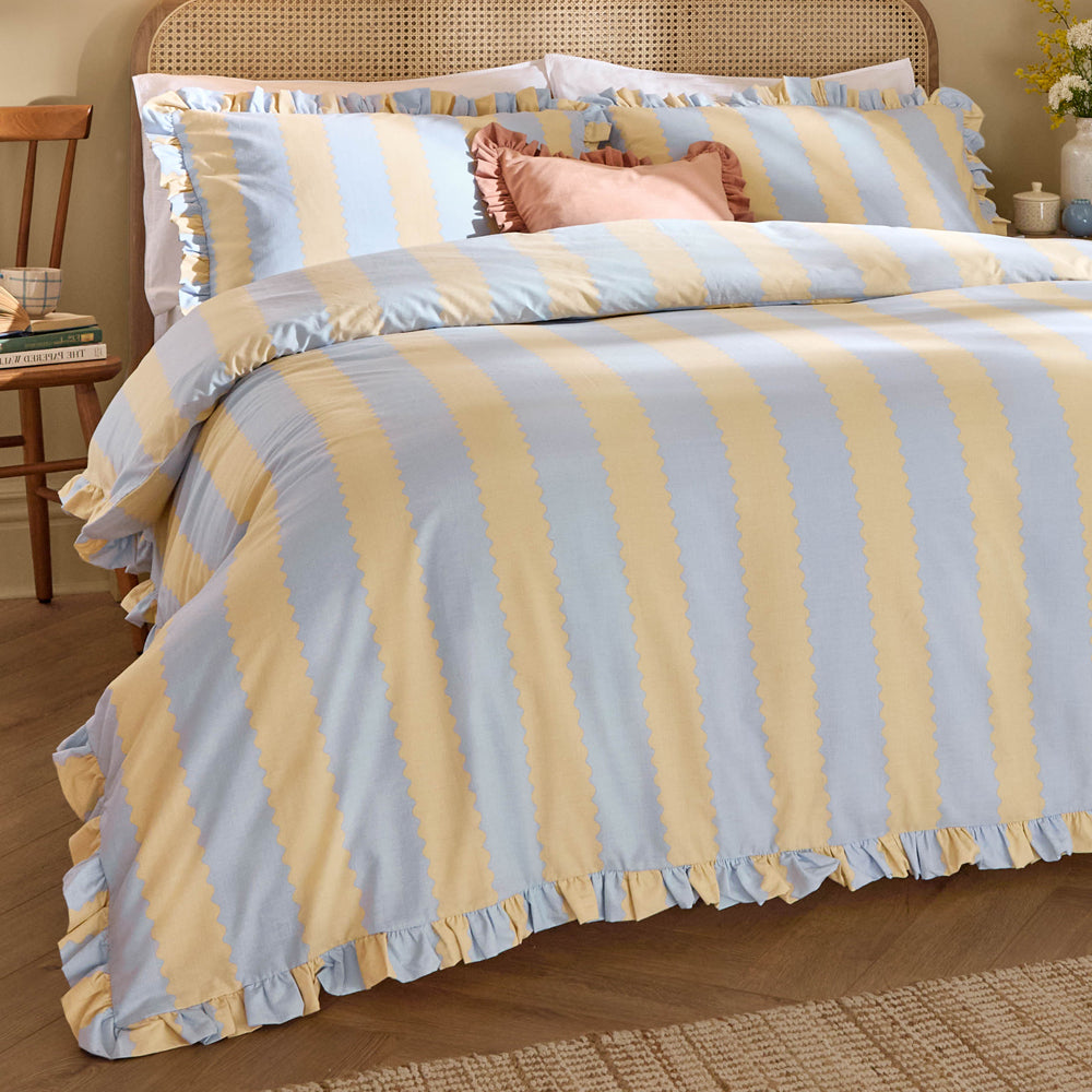 Striped Yellow Bedding - Birdie Stripe Ruffle Duvet Cover Set Lemon/Sky Wylder