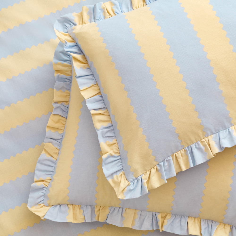 Striped Yellow Bedding - Birdie Stripe Ruffle Duvet Cover Set Lemon/Sky Wylder