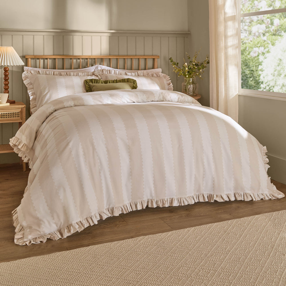 Striped Beige Bedding - Birdie Stripe Ruffle Duvet Cover Set Oat/Milk Wylder