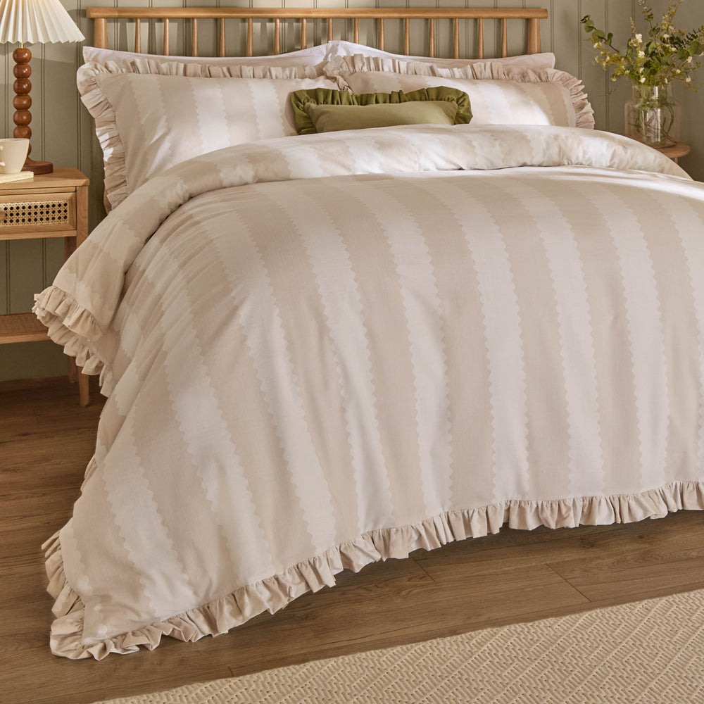 Striped Beige Bedding - Birdie Stripe Ruffle Duvet Cover Set Oat/Milk Wylder