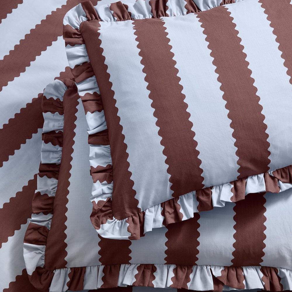 Striped Blue Bedding - Birdie Stripe Ruffle Pillowcase Pair Blue/Chocolate Wylder
