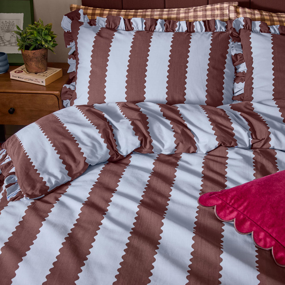 Striped Blue Bedding - Birdie Stripe Ruffle Pillowcase Pair Blue/Chocolate Wylder