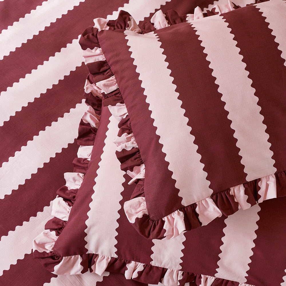Striped Red Bedding - Birdie Stripe Ruffle Pillowcase Pair Burgundy/Blossom Wylder