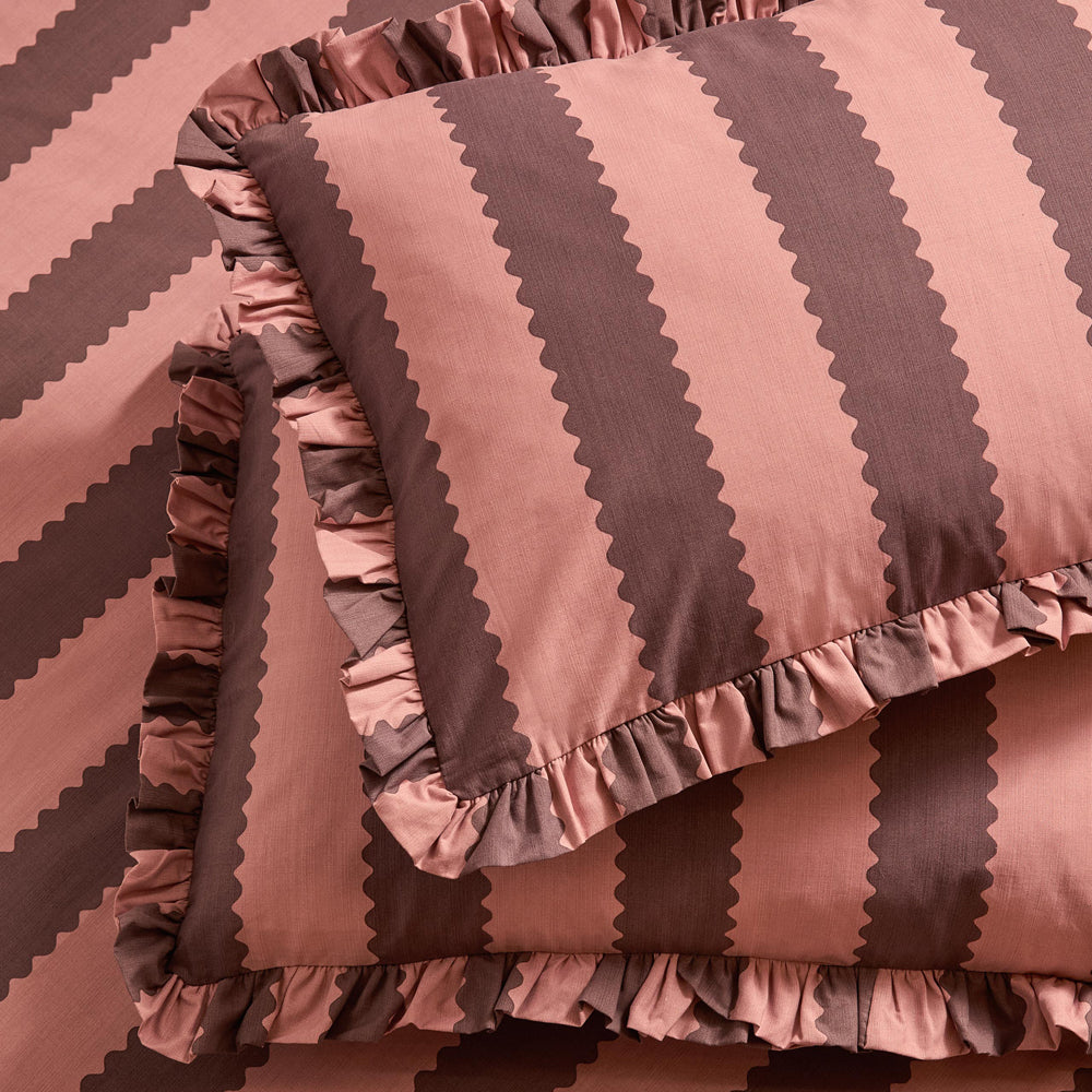 Striped Pink Bedding - Birdie Stripe Ruffle Pillowcase Pair Rose/Chocolate Wylder