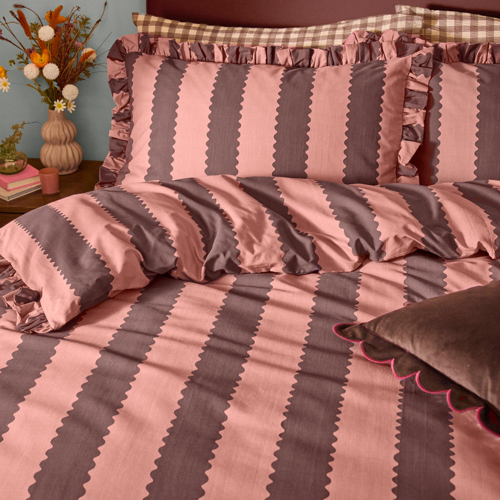 Striped Pink Bedding - Birdie Stripe Ruffle Pillowcase Pair Rose/Chocolate Wylder